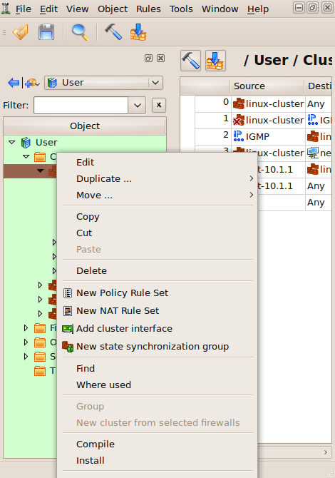 Compile and install options in the context menu that appears when you right-click on a firewall or cluster object in the tree.