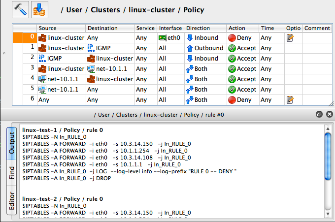 Generated iptables script for the rule #0 is shown in the GUI.