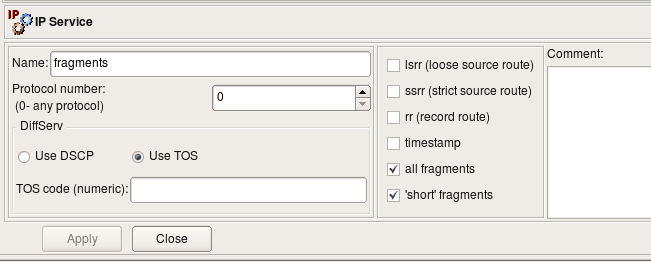 IP Service Object Representing Fragmented Packets