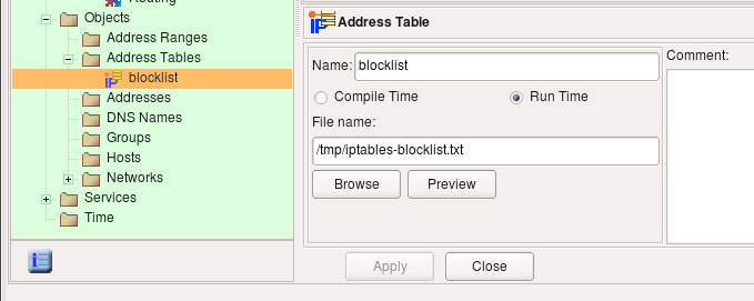 Address Table Object Using the File "/tmp/iptables-blocklist.txt".