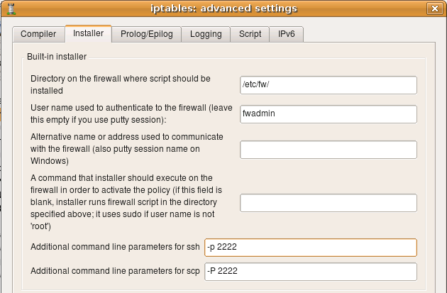 Installer tab with additional command line parameters for ssh and scp to use alternate port 2222.