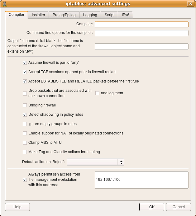 Advanced settings with automatic SSH access rule from management workstation.