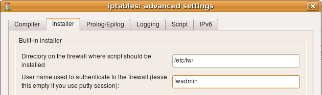 Installer tab of the firewall settings dialog with user name configured.