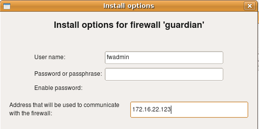 Install options dialog with alternative address field.