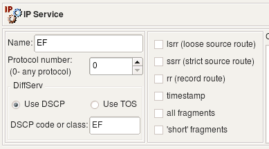 Table 5.4. IP Service object examples: EF, tos 0x10, all_fragments, lsrr